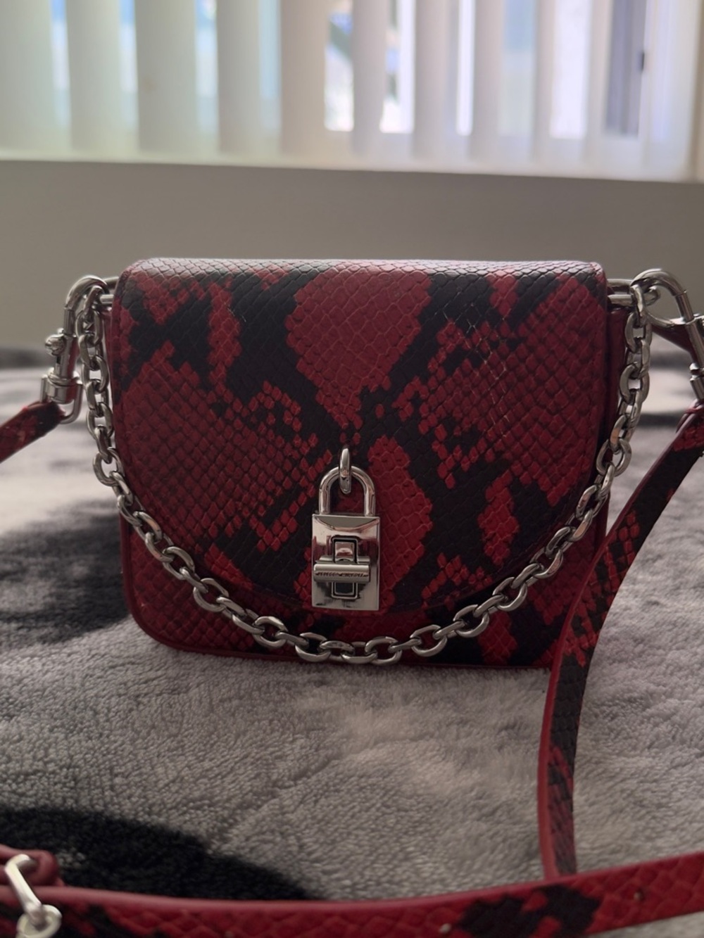Rebecca Minkoff Red and Black Snake-Print Crossbody with Silver Chain
